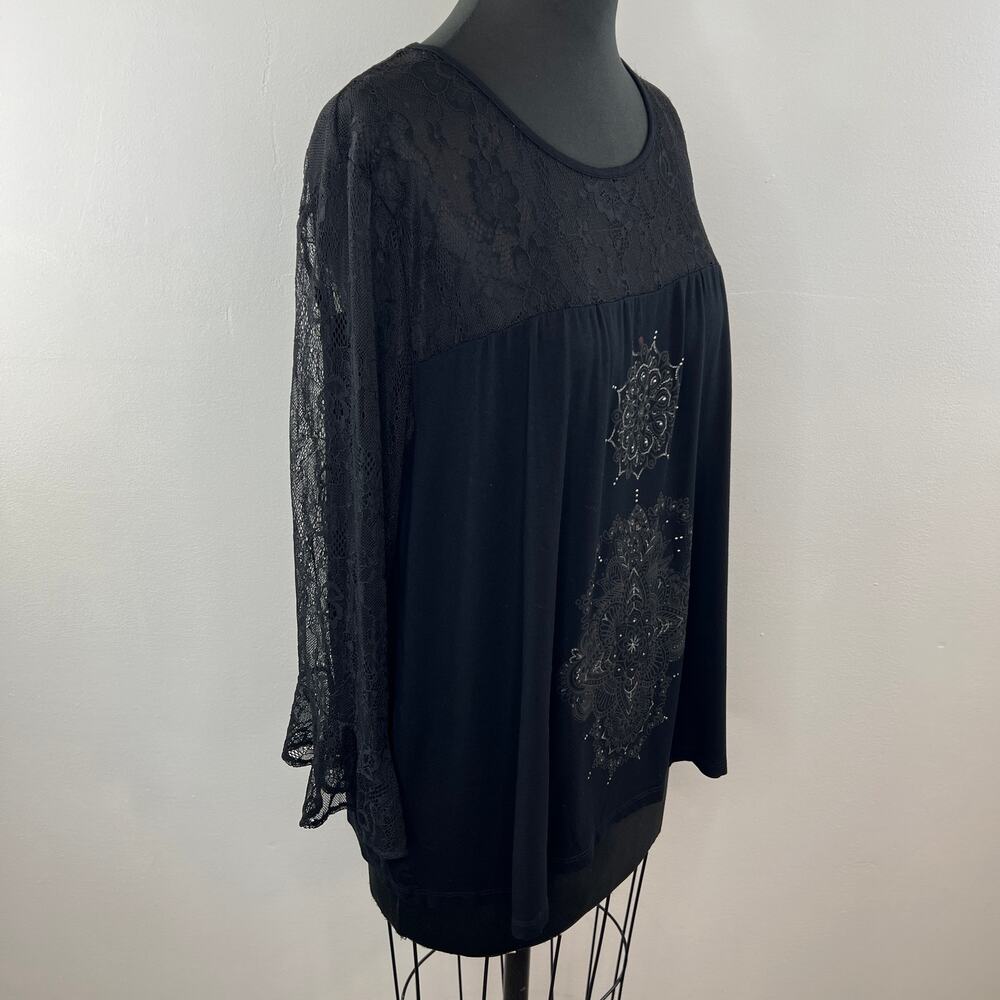 DESIGUAL Alegra Black Sheer Lace Rhinestone 3/4 Sleeve Boho Blouse Plus XXL - Picture 4 of 8